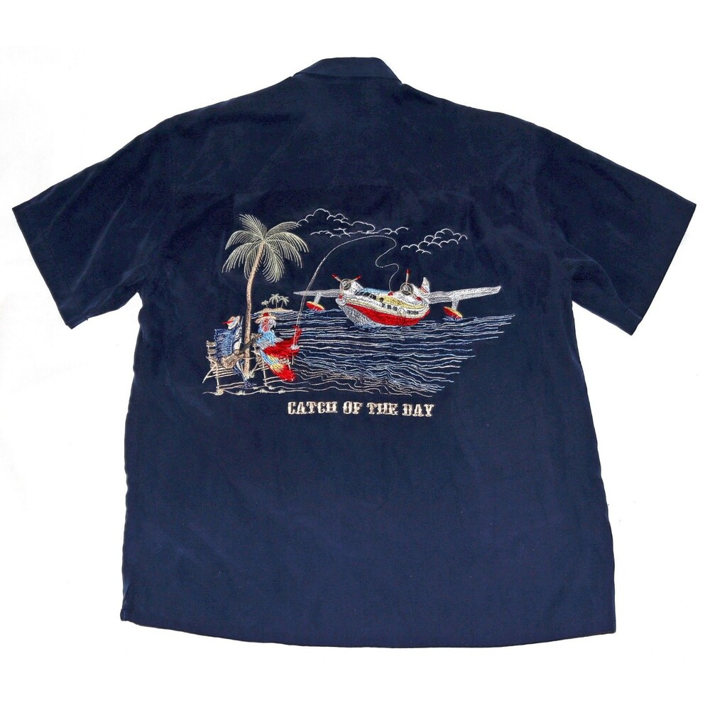 Bamboo Cay "Catch Of The Day" Embroidered Men's Button Front Shirt  Size Small